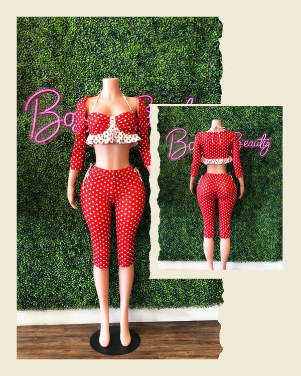 2PC Red/White Polka-Dot Jumpsuit