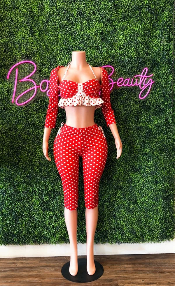 2PC Red/White Polka-Dot Jumpsuit