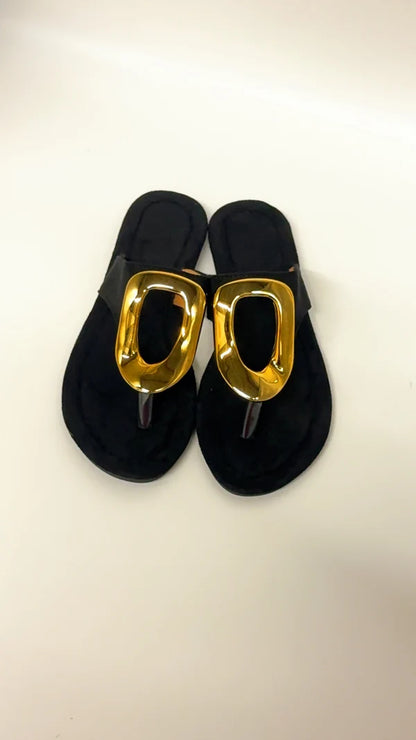 Gold Oval Black Split Toe Sandals