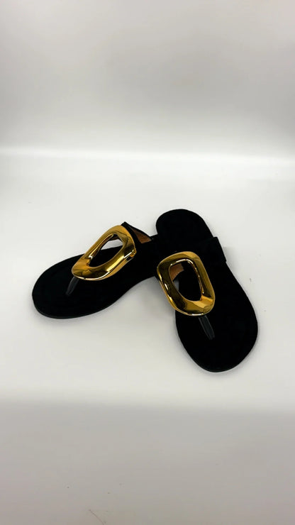 Gold Oval Black Split Toe Sandals