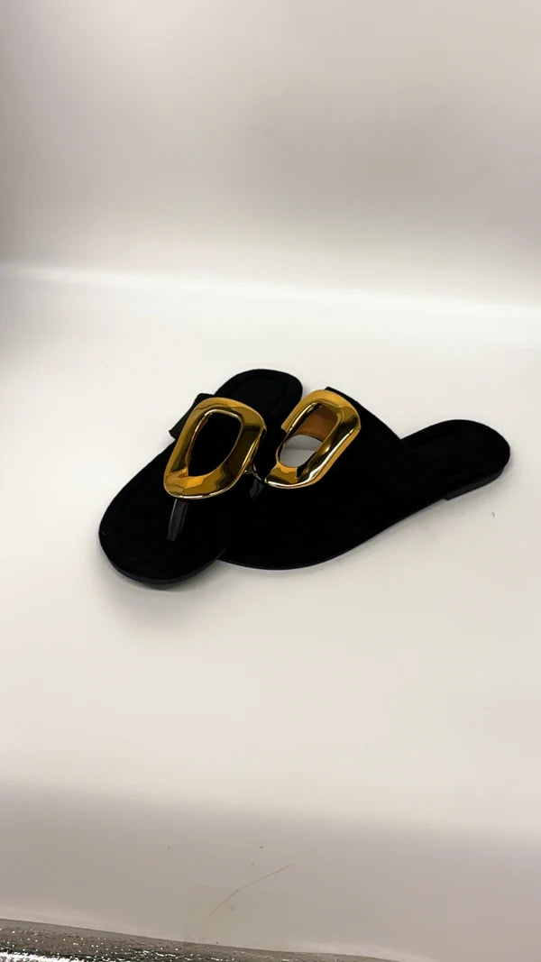 Gold Oval Black Split Toe Sandals