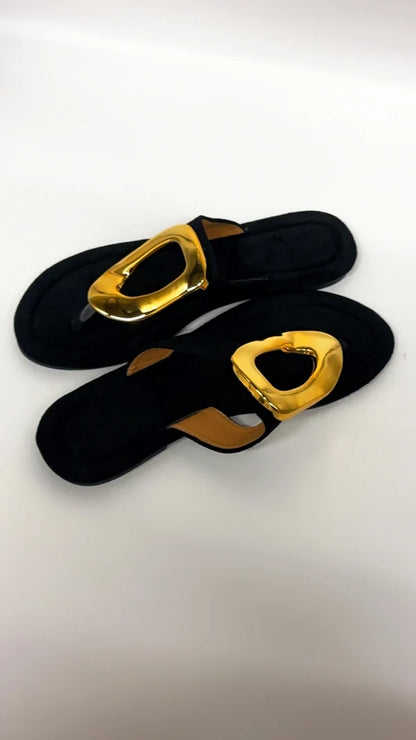 Gold Oval Black Split Toe Sandals