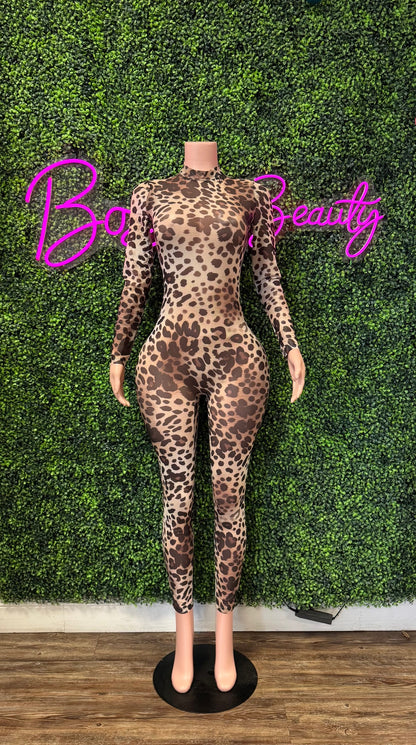 Leopard Print Mesh Jumpsuit