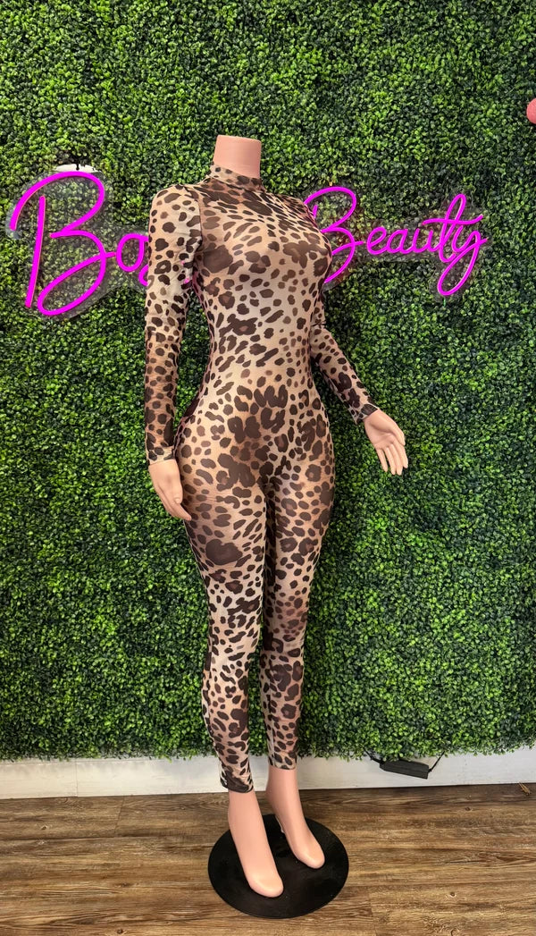 Leopard Print Mesh Jumpsuit