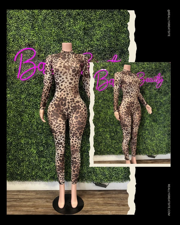 Leopard Print Mesh Jumpsuit