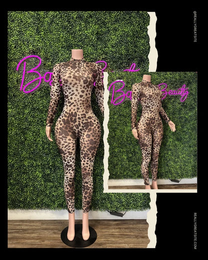 Leopard Print Mesh Jumpsuit